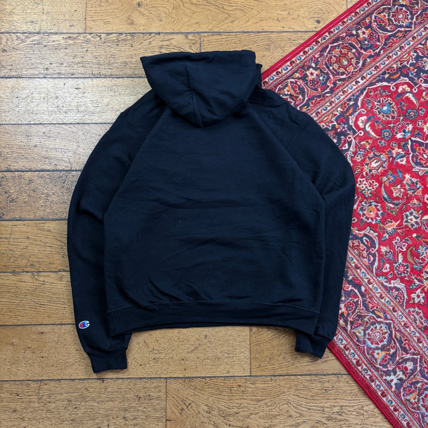 Vintage Champion Black USA College Boxy Hoodie Embroidered Sweatshirt - M