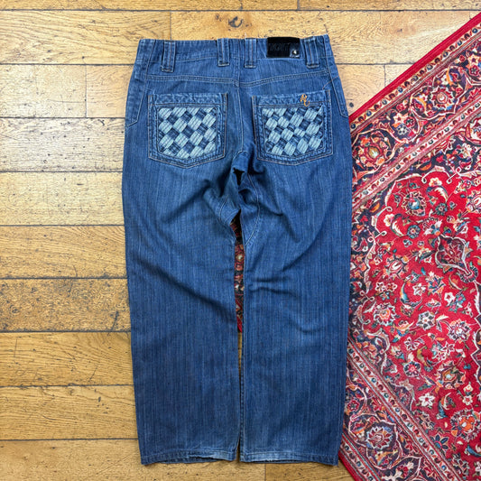 Vintage Blue Embroidered Y2K Hip Hop Baggy Jeans - 36
