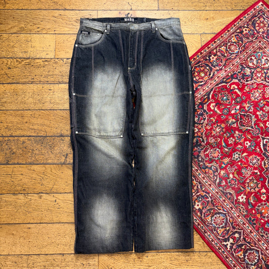 Vintage Webs Black Double Knee Embroidered Y2K Hip Hop Baggy Jeans - 38S
