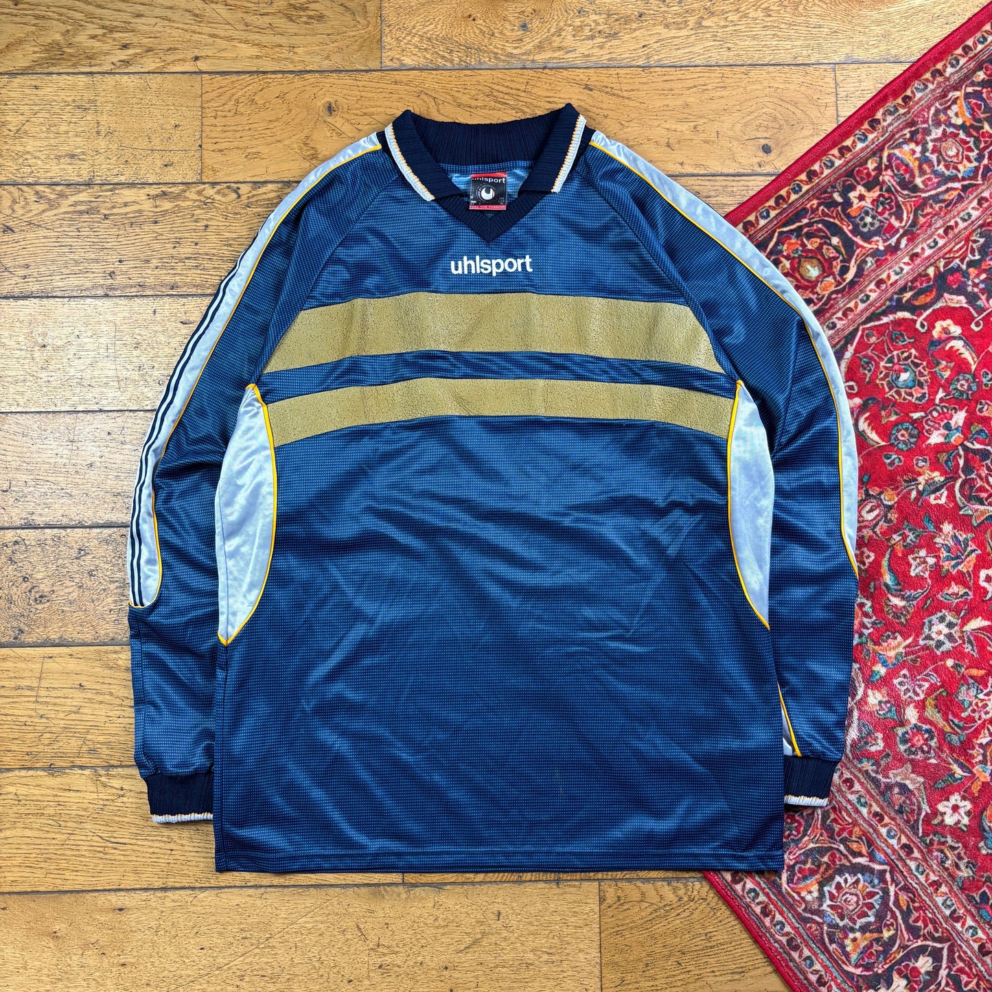 Vintage Blue Goalkeeper Long Sleeve Stripe Football Shirt T-Shirt - XL