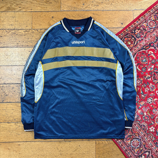 Vintage Blue Goalkeeper Long Sleeve Stripe Football Shirt T-Shirt - XL