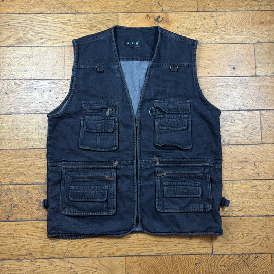 Vintage Black Denim Hunting Fishing Gilet Vest - XL