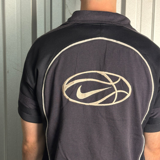 Nike 90s Basketball Black Embroidered Zip Polo T Shirt - M