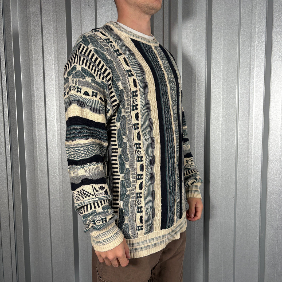 Coogi Style Crazy Funky Knit Cream Blue Jumper - L