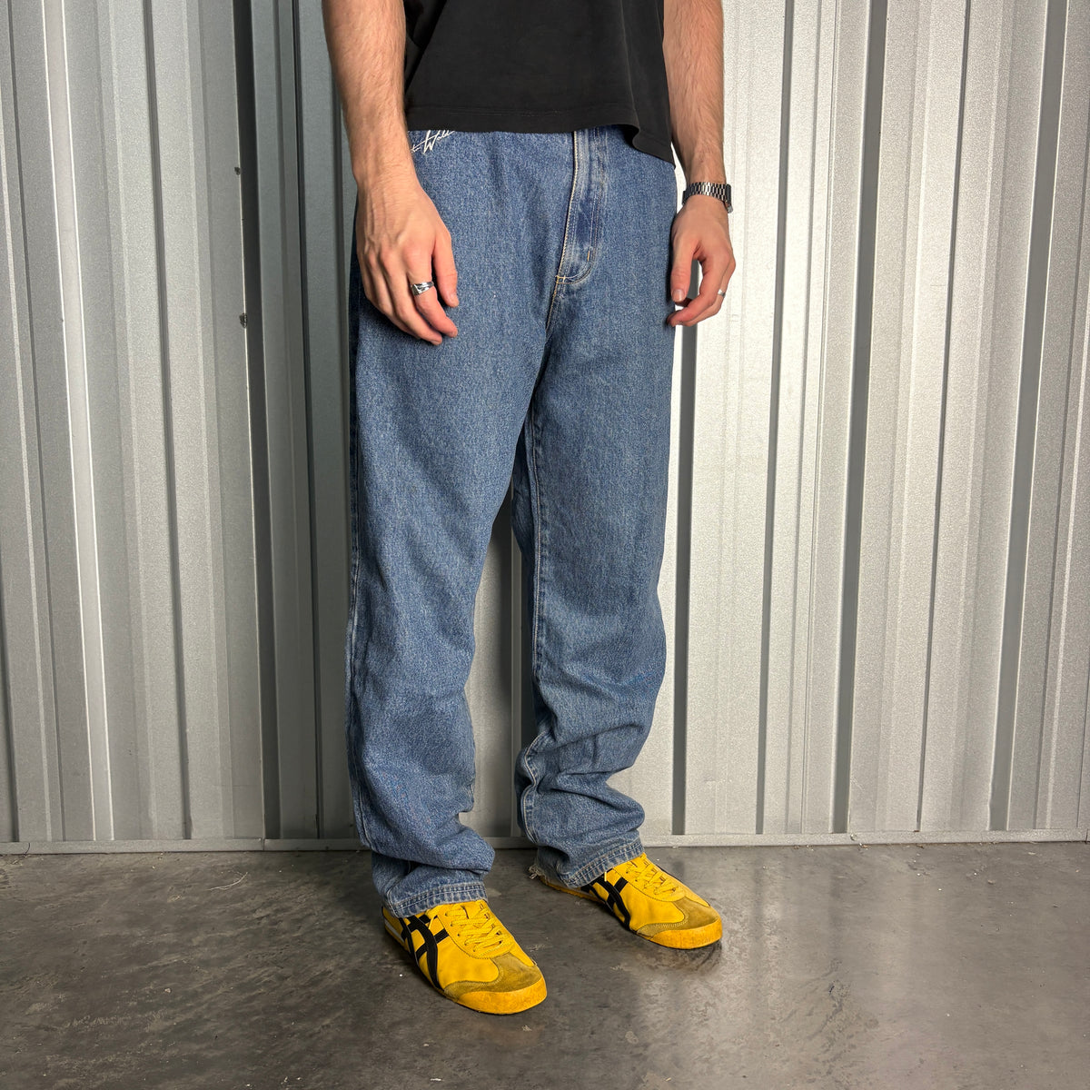 Harlem World Blue Embroidered Japanese Denim Hip Hop Y2K Baggy Jeans - 36L