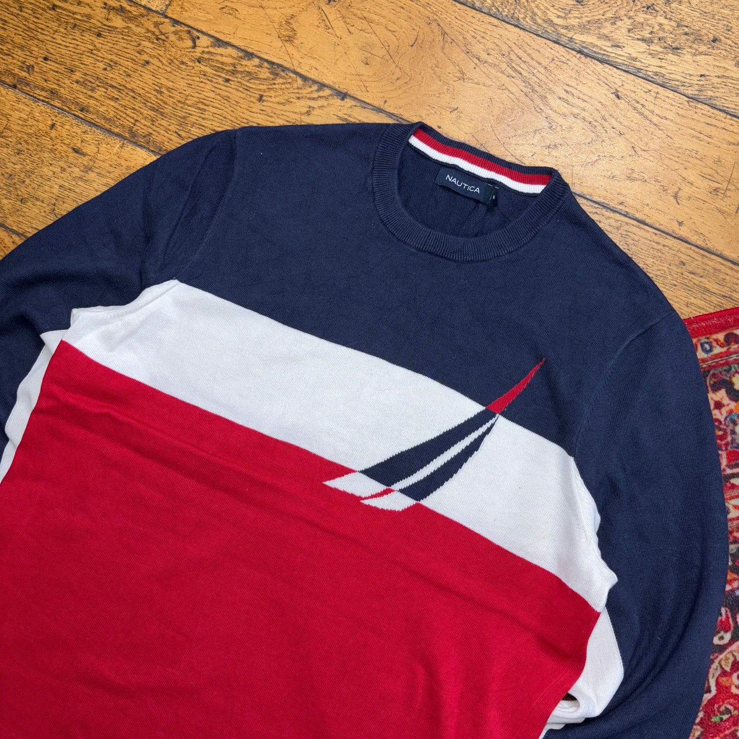 Vintage Nautica Navy Red Stripe Knit Jumper - M