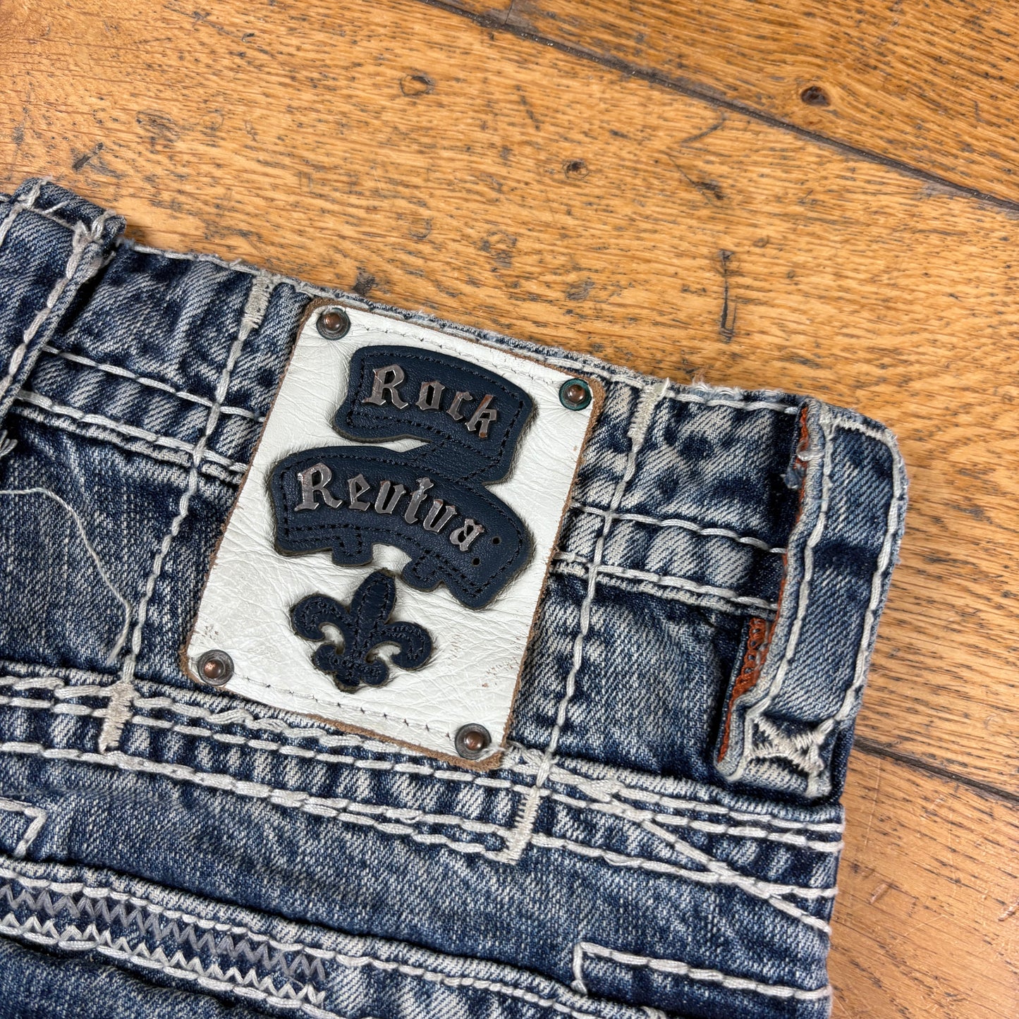 Vintage Rock Revival Blue Embroidered Y2K Hip Hop Bootcut Jeans - 34