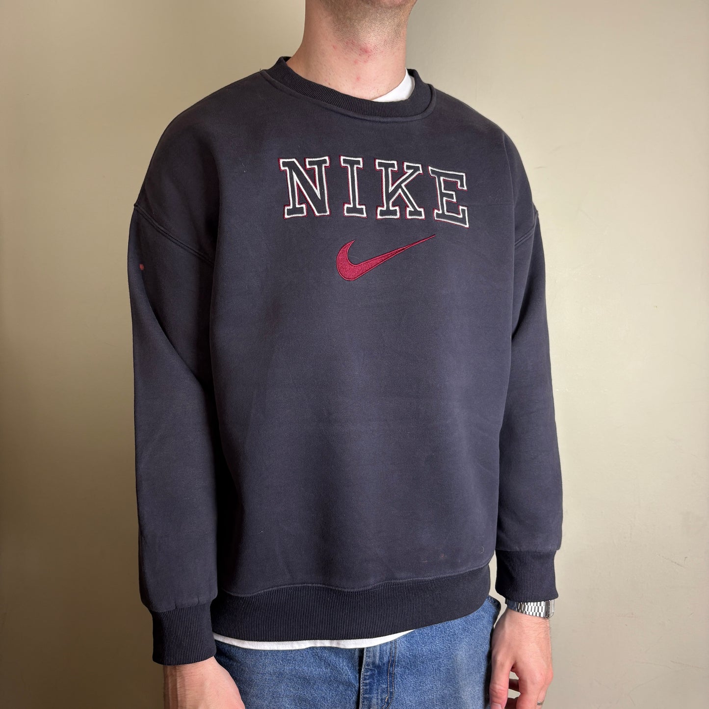 Vintage Nike Navy Spellout Embroidered Sweatshirt - L