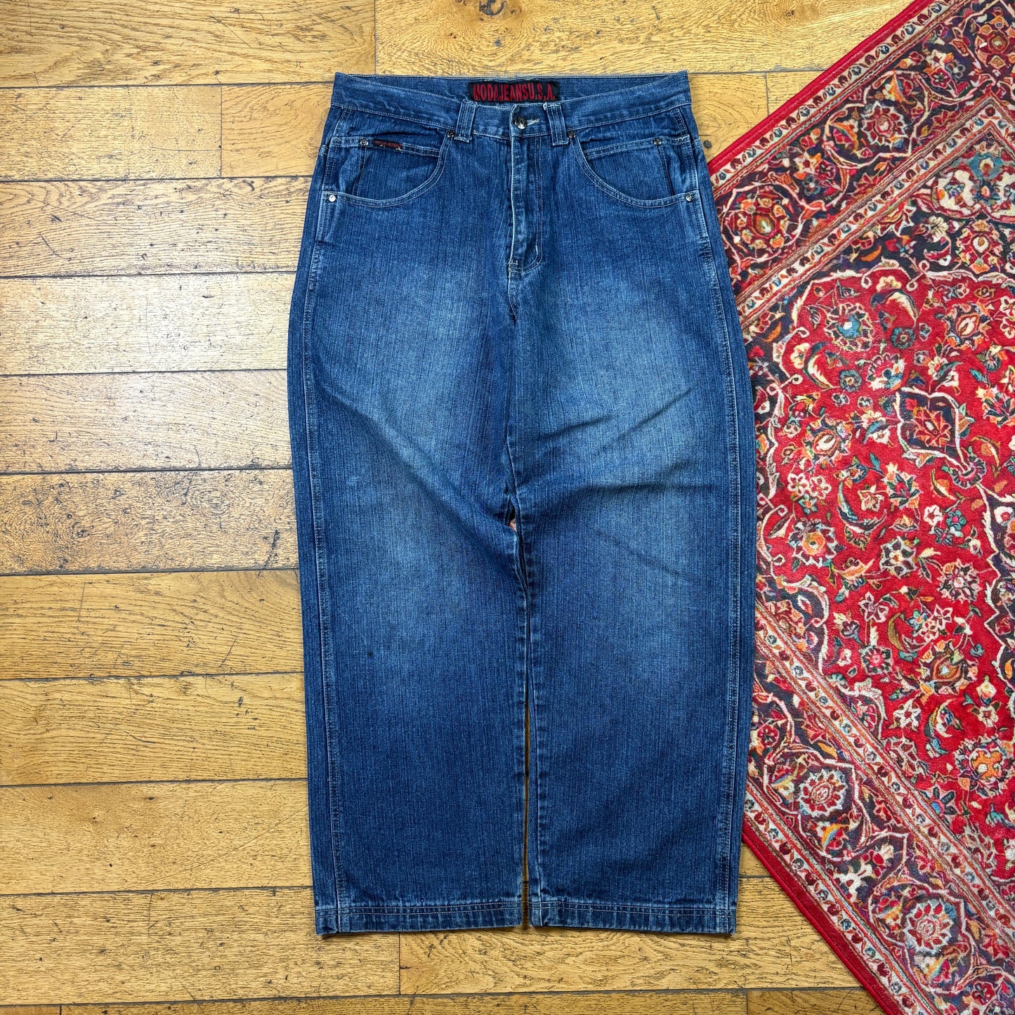 Vintage Blue Embroidered Y2K Hip Hop Baggy Jeans - 36