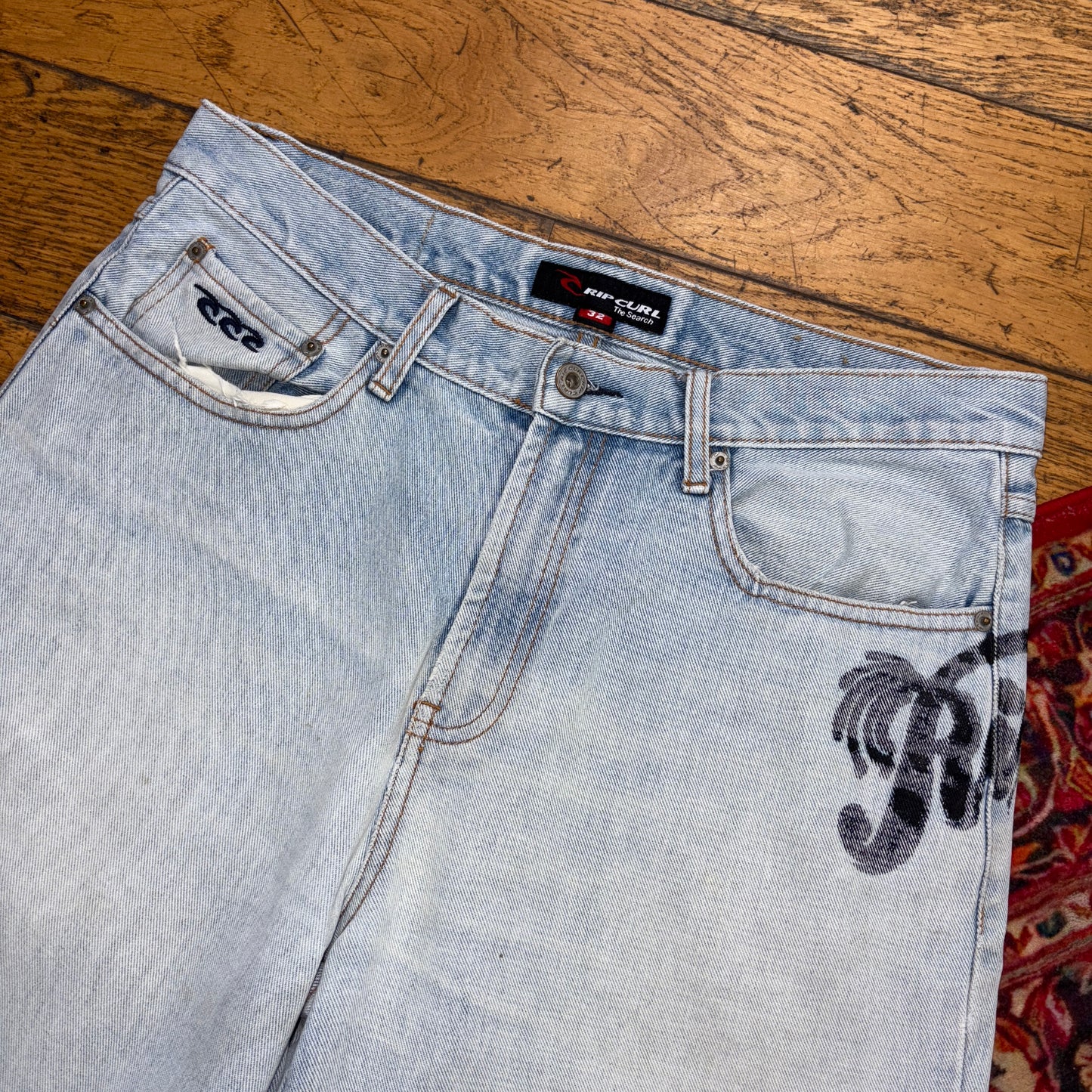 Vintage Rip Curl Blue Surfwear Embroidered Hip Hop Baggy Shorts Jorts - 34