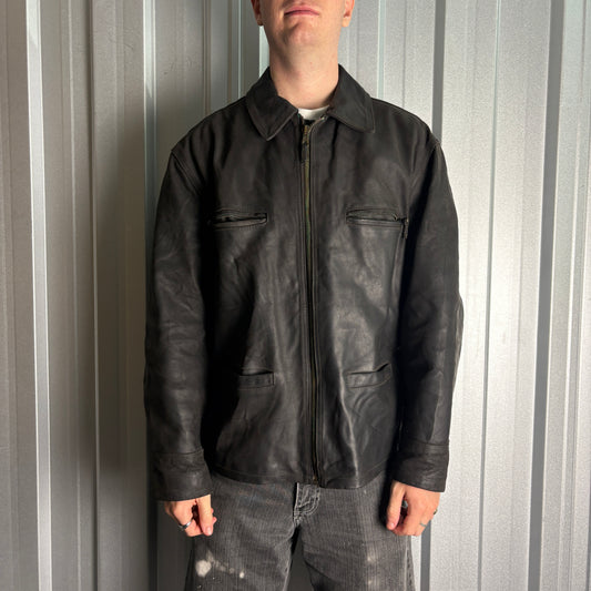 Vintage Dark Brown Leather Biker Jacket - XL