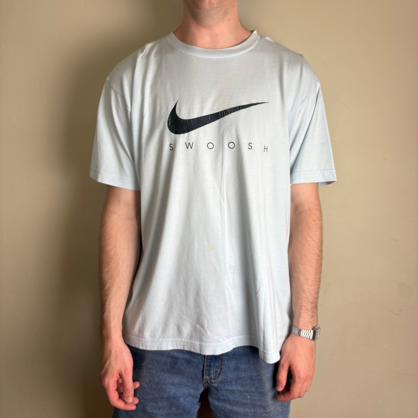 Vintage Nike Light Blue Y2K Swoosh Graphic T-Shirt - L