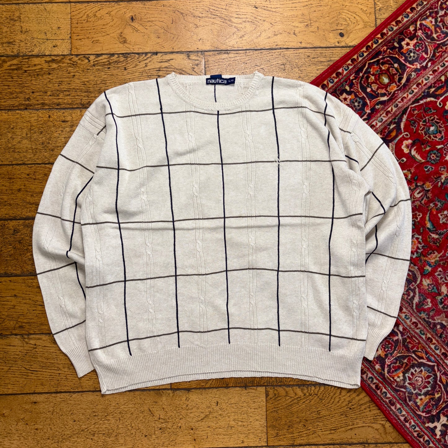 Vintage Nautica Cream Check Embroidered Knit Jumper - XL