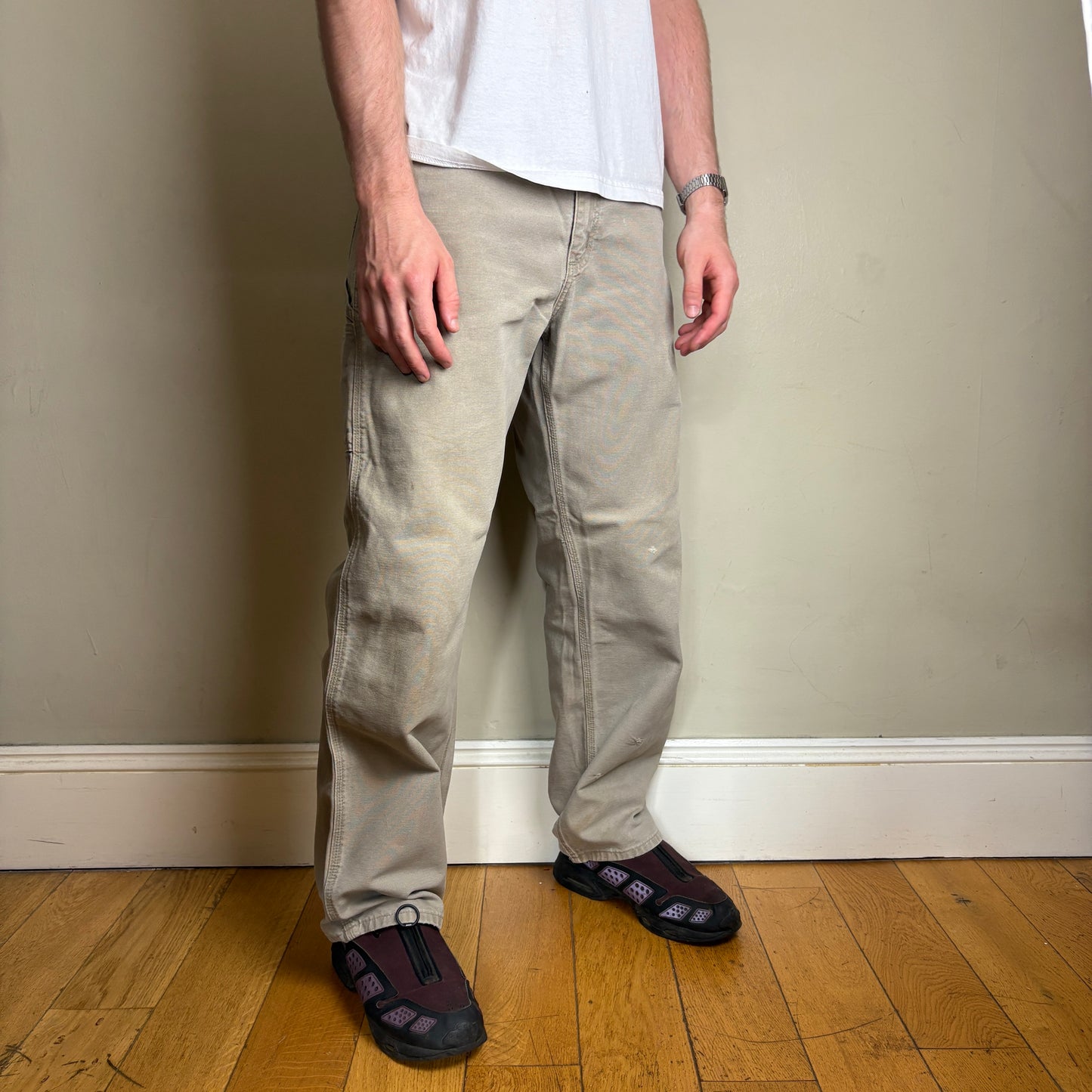Vintage Carhartt Cream Brown Workwear Carpenter Baggy Trousers - 33R