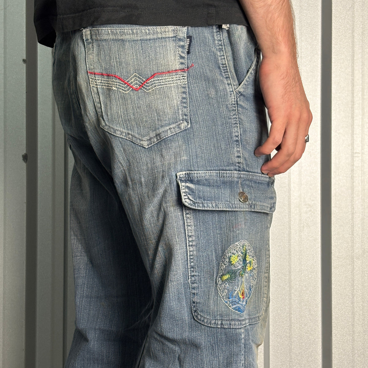 Embroidered Blue Dragon Japanese Denim Hip Hop Y2K Baggy Jeans - 36R