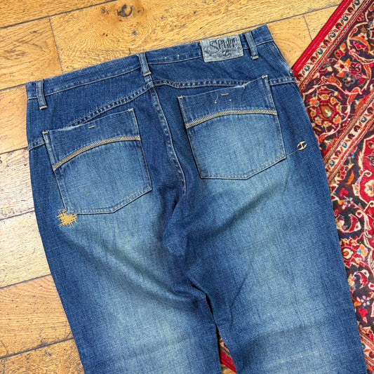 Vintage Split Blue Embroidered Y2K Hip Hop Straight Jeans - 40