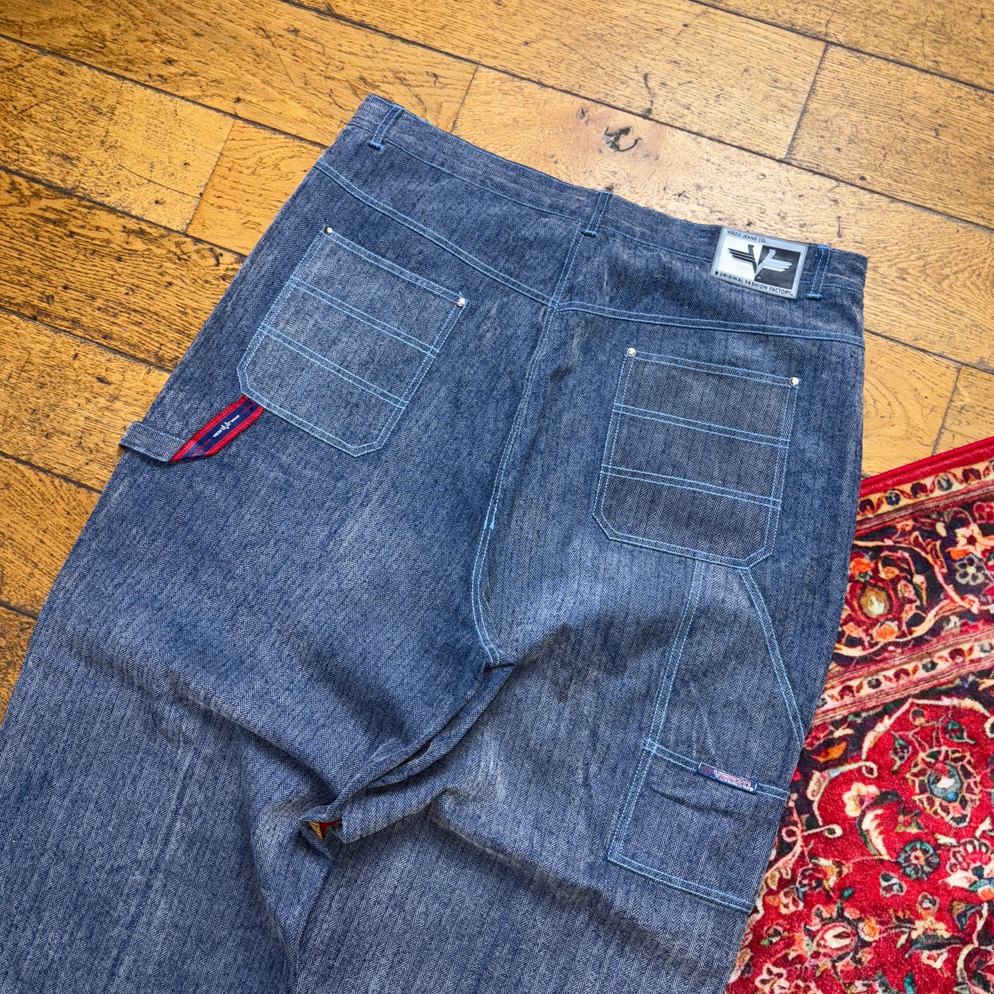 Vintage Blue Grey Embroidered Y2K Hip Hop Baggy Jeans - 38R