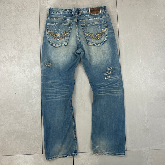 Vintage Rare Big Train Embroidered Japanese Denim Skater Blue Baggy Jeans - 36