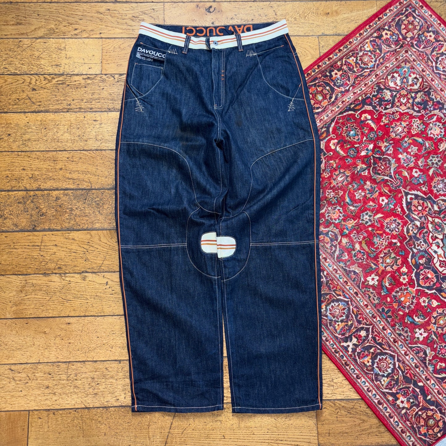 Vintage Embroidered Navy Blue Y2K Hip Hop Baggy Jeans - 38L