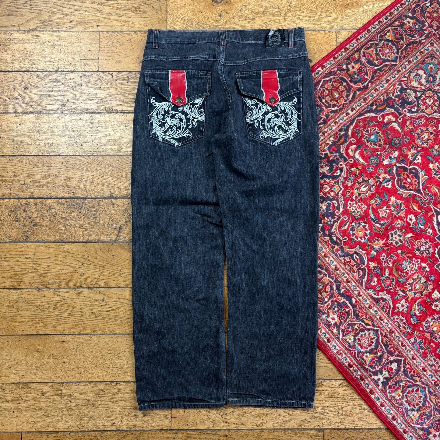 Vintage Noiz Jeans Black Embroidered Y2K Hip Hop Baggy Jeans - 36