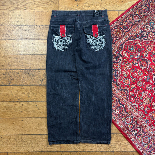 Vintage Noiz Jeans Black Embroidered Y2K Hip Hop Baggy Jeans - 36