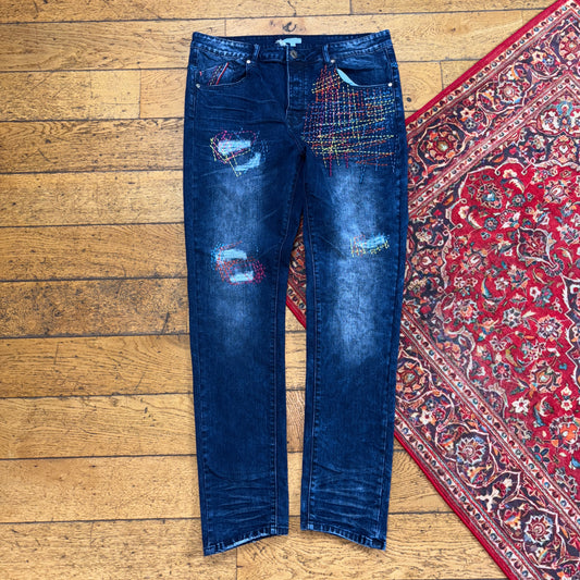Vintage Blue Embroidered Y2K Hip Hop Skinny Jeans - 36R