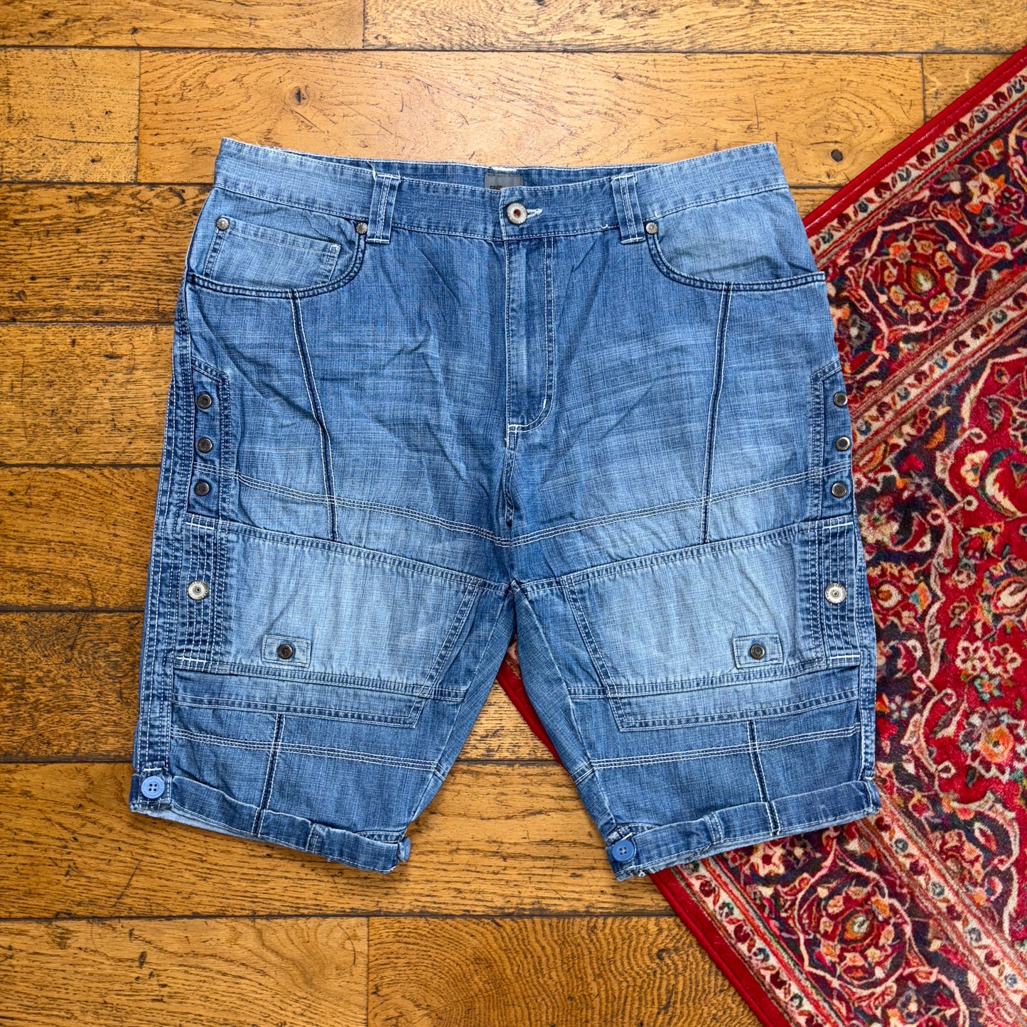 Vintage Y2K Embroidered Hip Hop Baggy Shorts Blue Jorts - 38