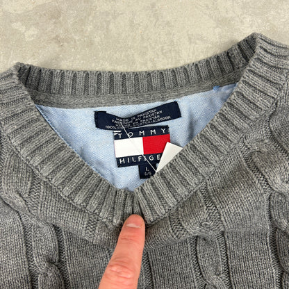 Vintage Tommy Hilfiger Chunky Cable Knit Grey Fisherman Jumper - L