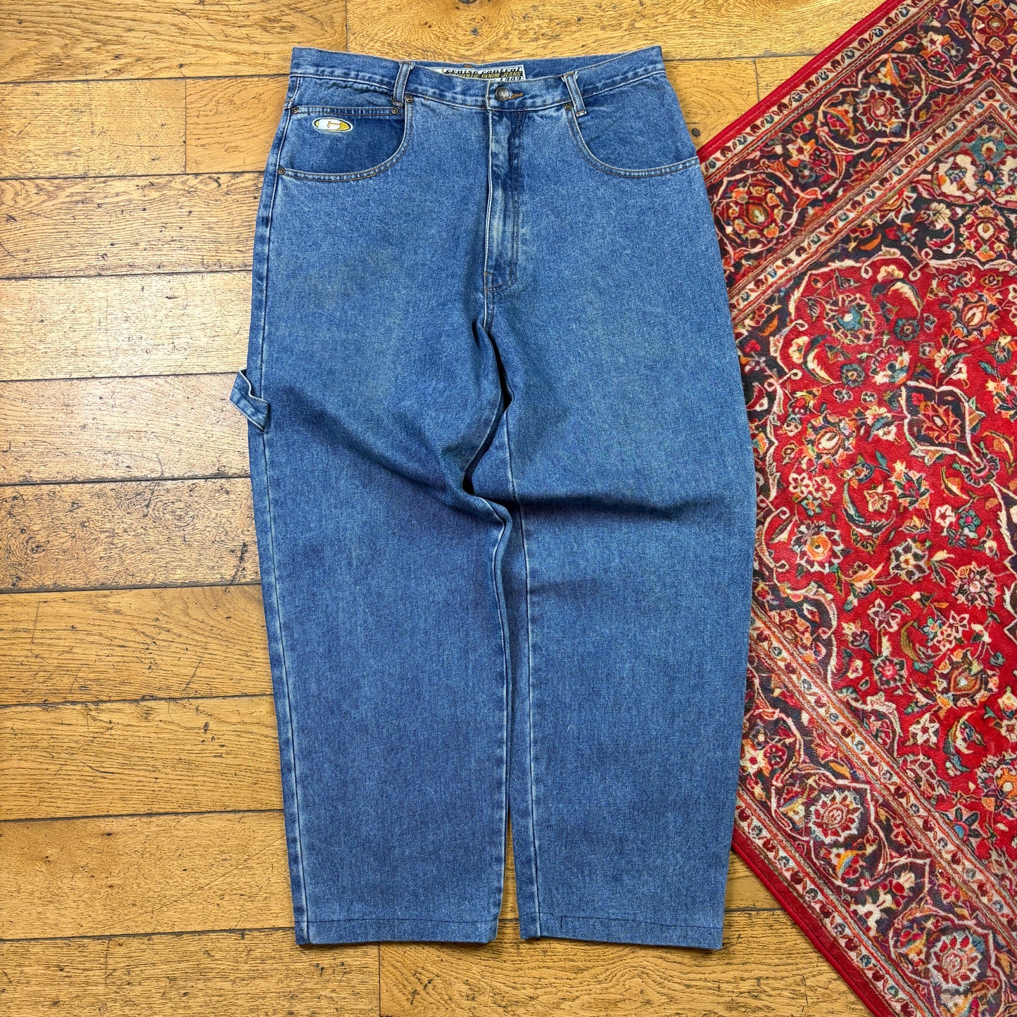 Vintage Blue Embroidered Y2K Hip Hop Baggy Jeans - 36