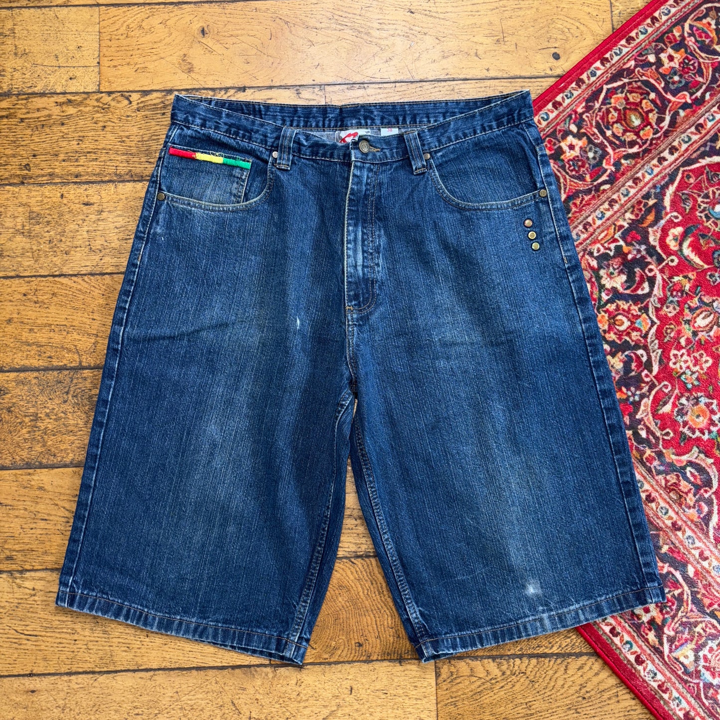 Vintage Akcess Blue Embroidered Y2K Hip Hop Baggy Jeans Shorts Jorts - 38
