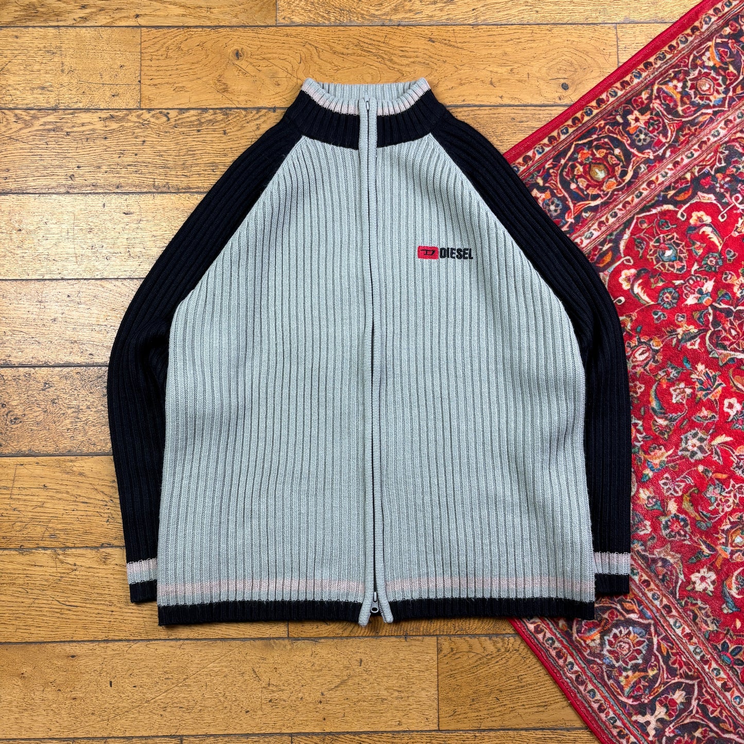 Vintage Diesel Embroidered Grey Zip Chunky Knit Jumper - L