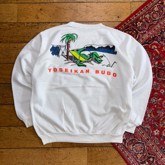Vintage 1996 Crocodile Graphic Funny Martial Arts White Sweatshirt -