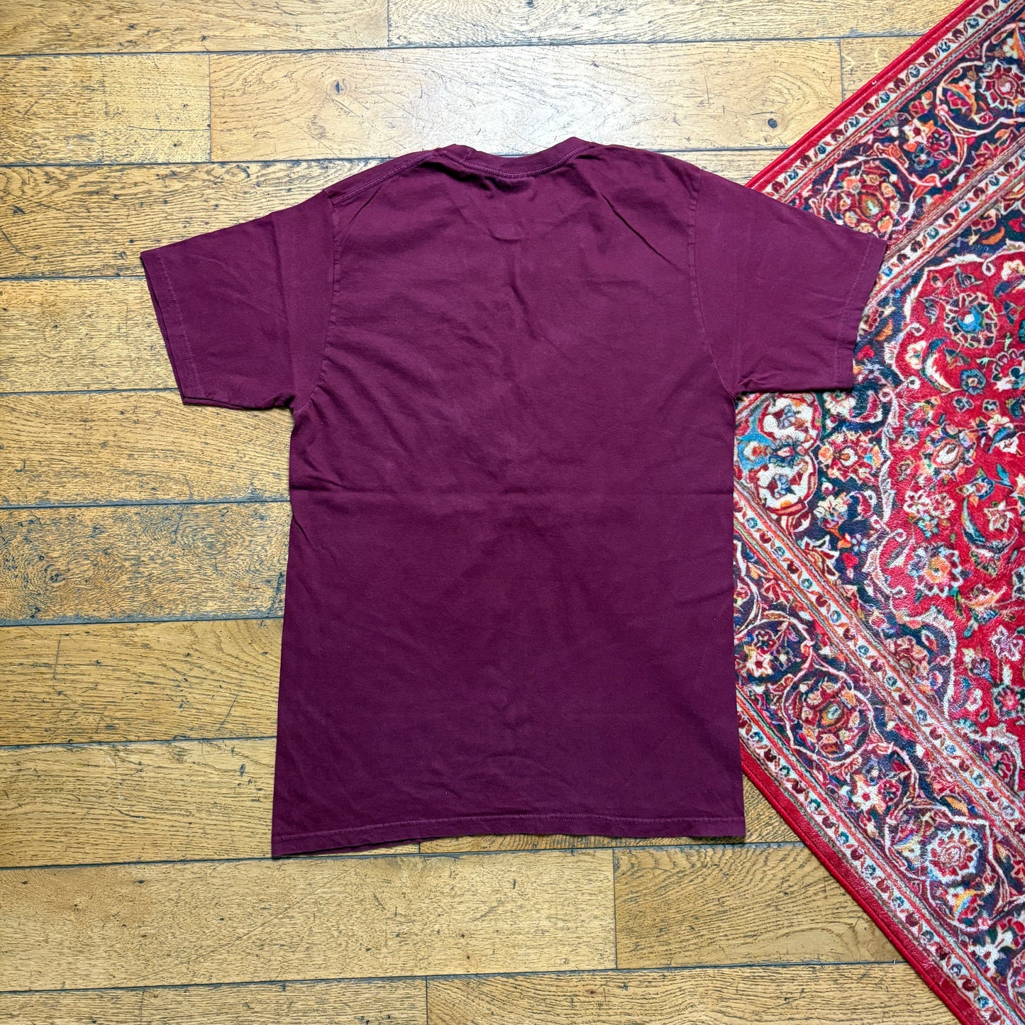 Vintage Stussy Dinosaur Burgundy Graphic T-Shirt - XS