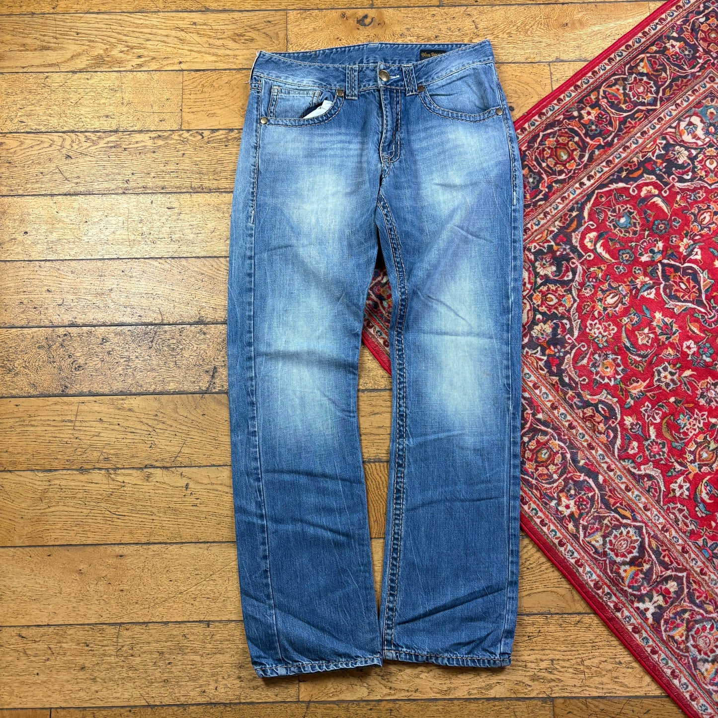 Vintage Blue Embroidered Y2K Hip Hop Straight Jeans - 36
