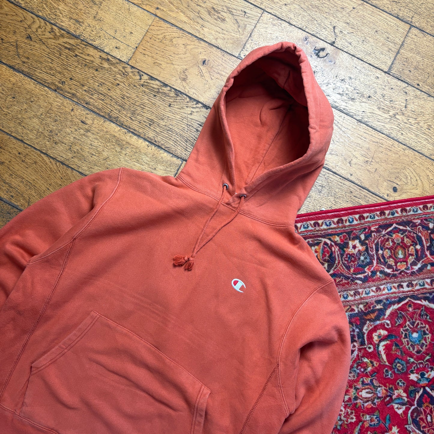 Vintage Champion Orange Embroidered Hoodie Sweatshirt - M