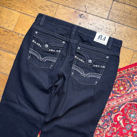 Vintage Black Rock Revival Style Bootcut Embroidered Y2K Baggy Jeans - 40S