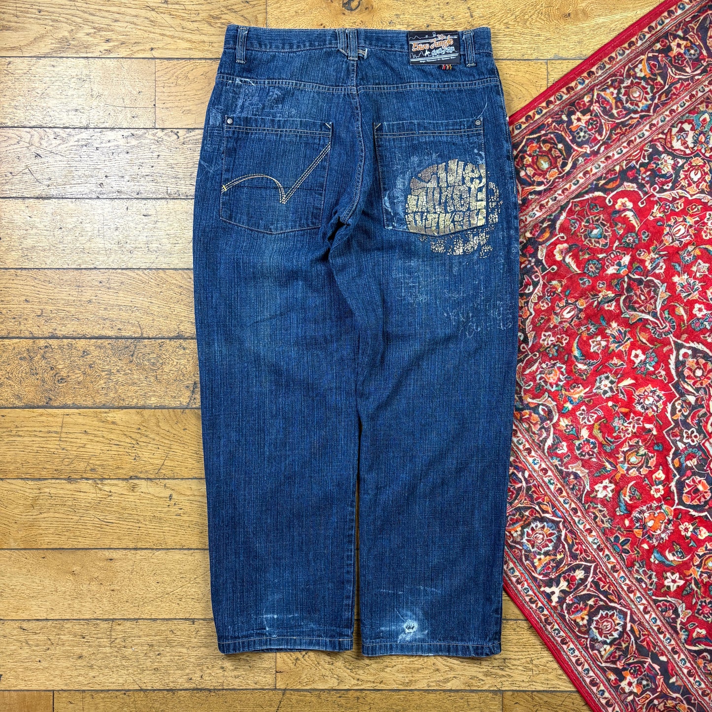 Vintage 5ive Jungle Blue Embroidered Y2K Hip Hop Baggy Jeans - 38