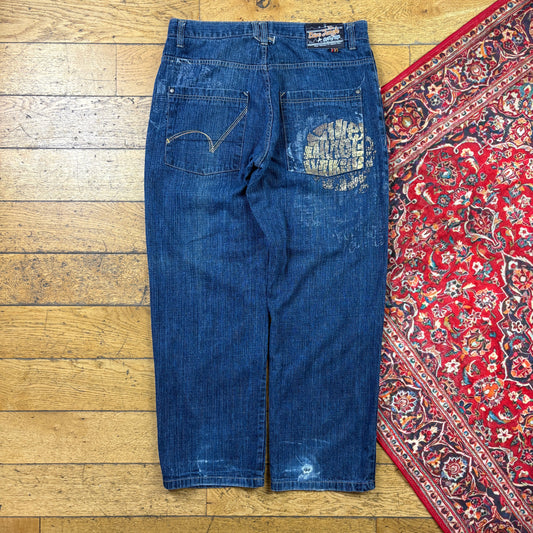 Vintage 5ive Jungle Blue Embroidered Y2K Hip Hop Baggy Jeans - 38