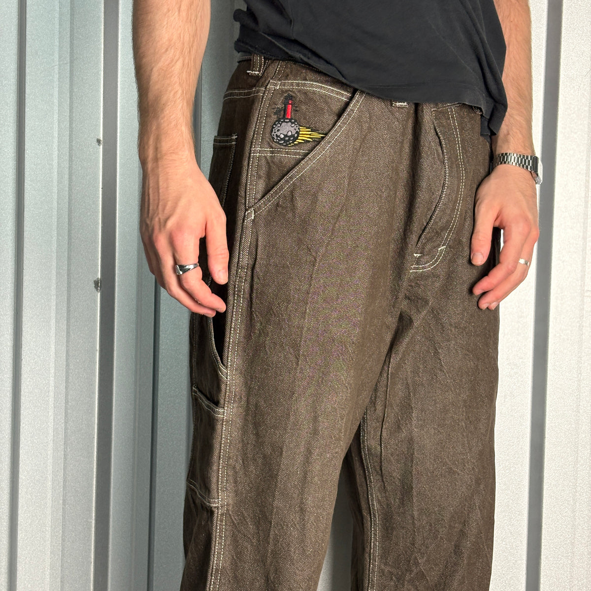 Vans Brown Skate Cut Off Embroidered Japanese Denim Hip Hop Y2K Baggy Jeans - 38