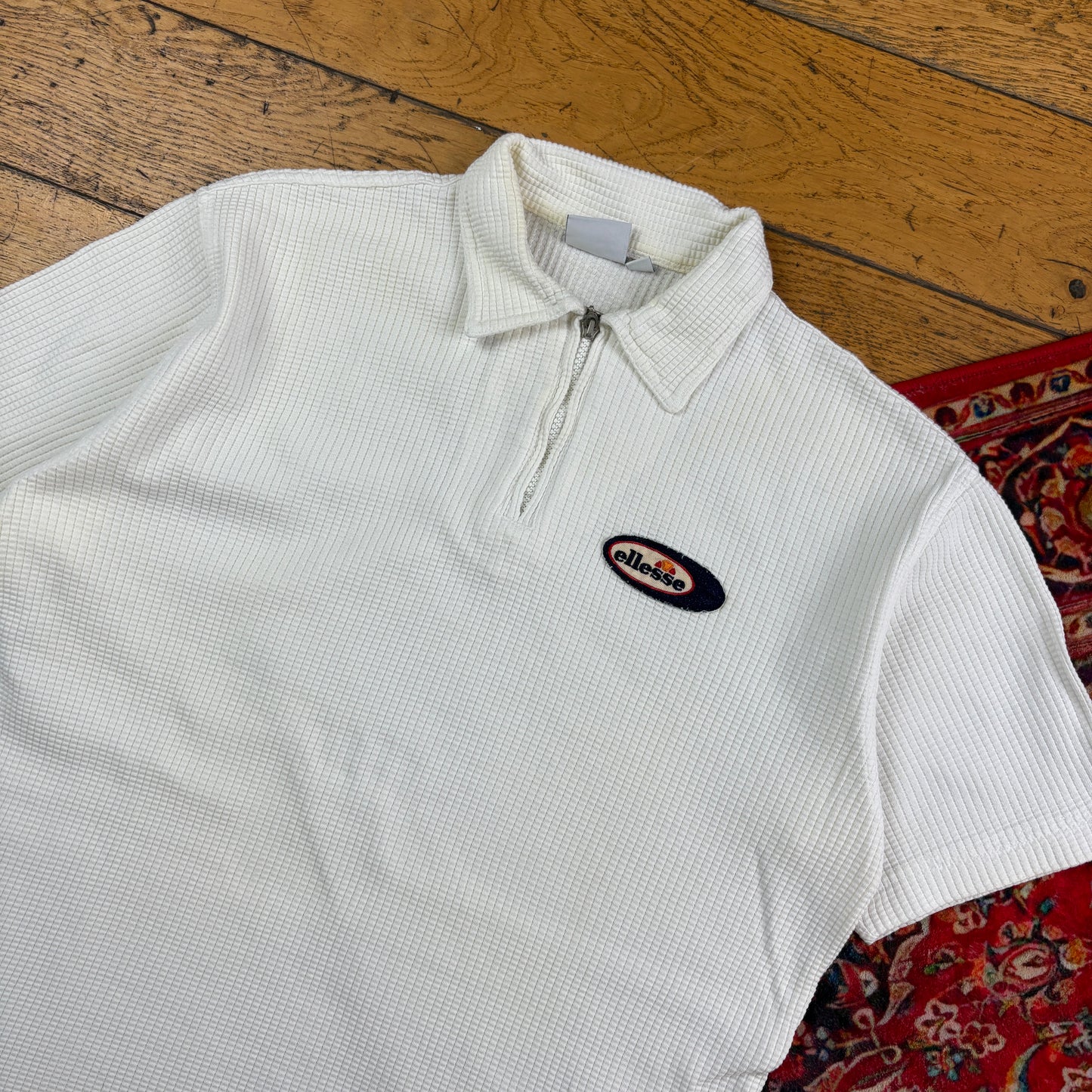Vintage Ellesse White Waffle Polo T Shirt - L