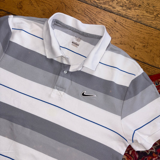 Vintage Nike Grey White Stripe Polo Shirt - S