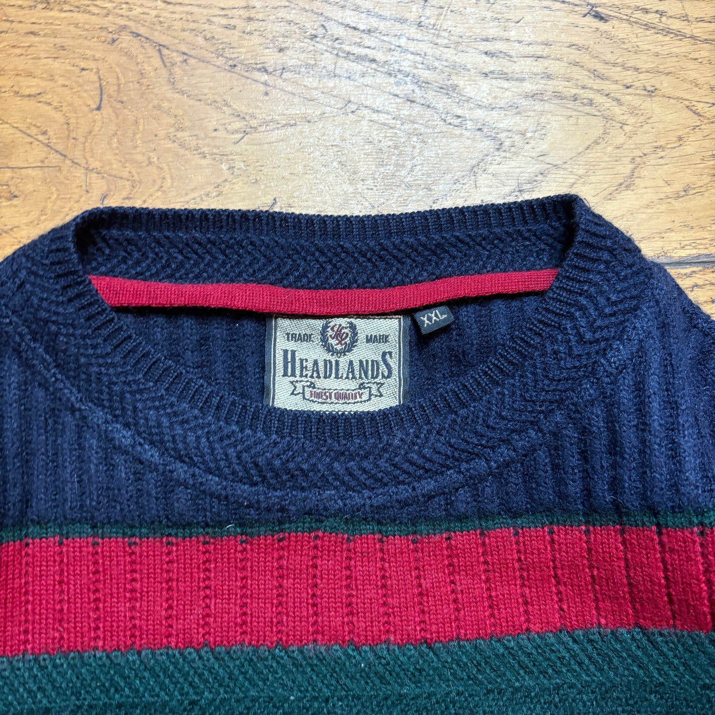 Vintage Navy Embroidered Stripe Chunky Knit Jumper - 2XL