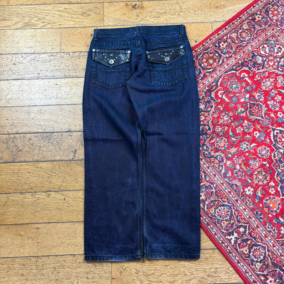 Vintage Blue Embroidered Y2K Hip Hop Baggy Jeans - 34