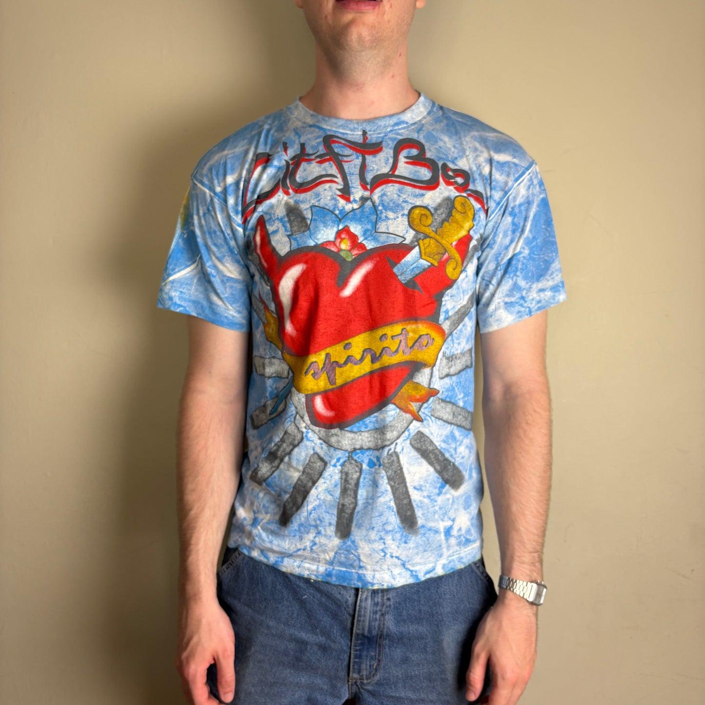 Vintage 1995 Litfiba Blue Tie Dye Band Tee Single Stitch Graphic T-Shirt -