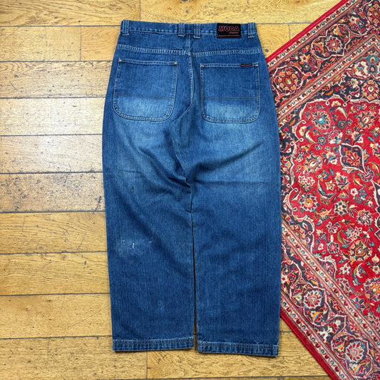 Vintage Blue Embroidered Y2K Hip Hop Baggy Jeans - 36