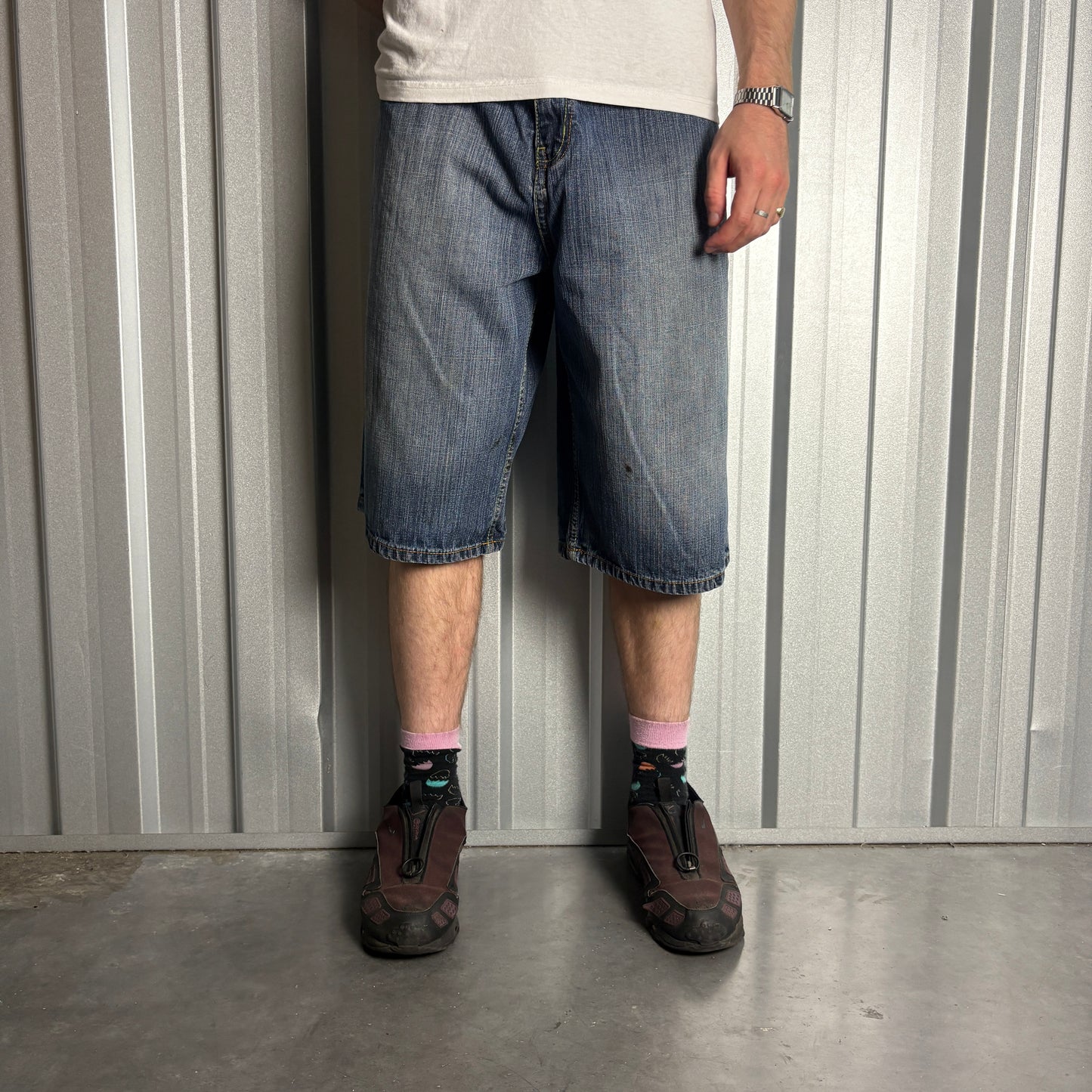 Vintage Indigo 30 Blue Embroidered Y2K Hip Hop Baggy Jeans Shorts Jorts - 40