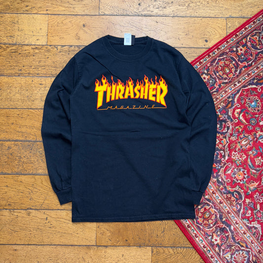 Vintage Thrasher Black Skate Flames Womens Graphic Long Sleeve T-Shirt - S