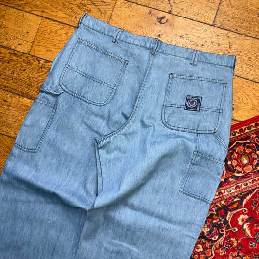 Vintage Blue Double Knee Embroidered Hip Hop Y2K Baggy Jeans - 38R