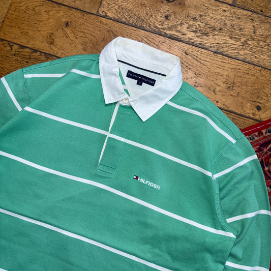 Vintage Tommy Hilfiger Green Stripe Rugby Polo Shirt - XL
