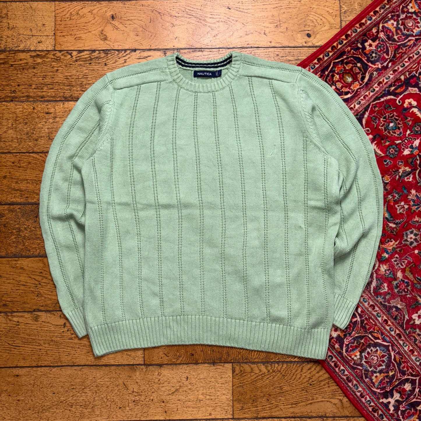 Vintage Nautica Light Green Cable Embroidered Knit Jumper - XL